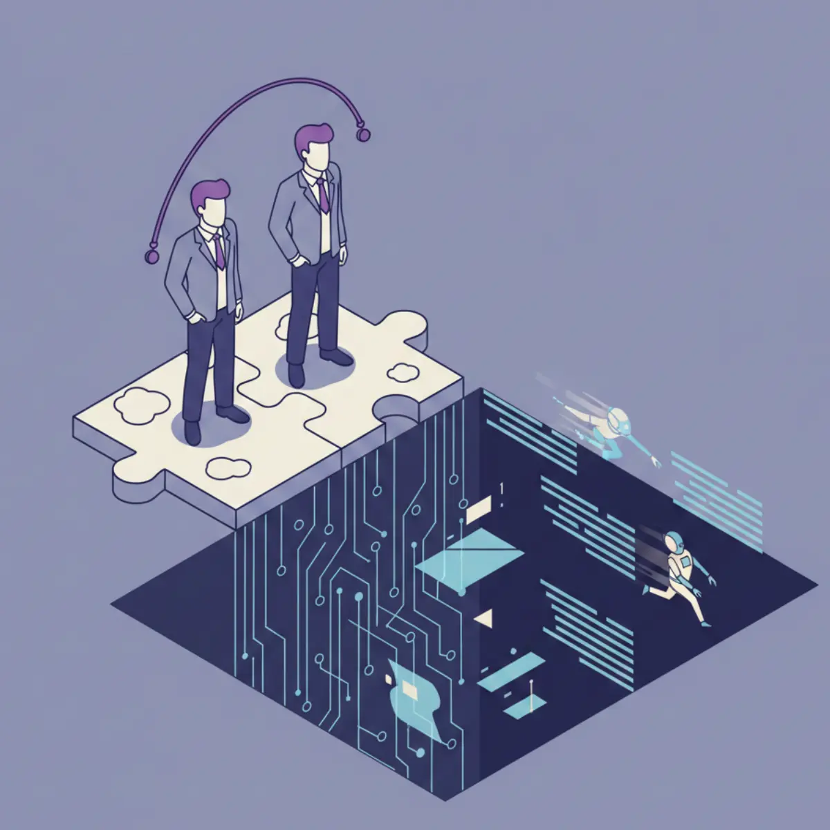 Illustration of two founders shaking hands in front of a futuristic AI barrier, representing the co-founder relationship as the new moat in the AI era.