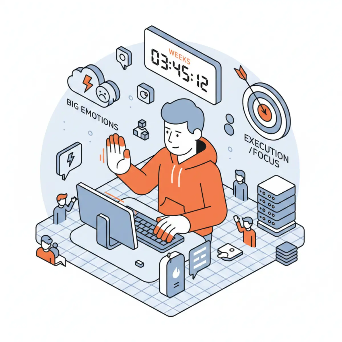 Illustration of a focused founder executing tasks quickly, representing the mindset needed for startup resilience and high-velocity execution.