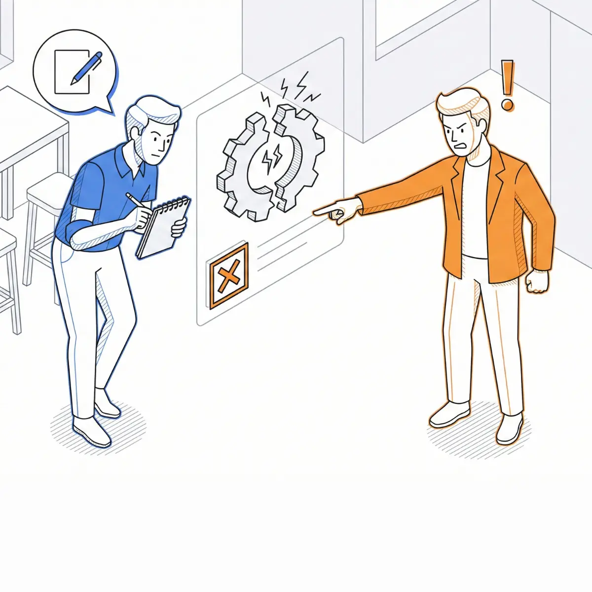 Illustration of a founder talking to a customer to validate demand, representing the core risk in starting a company.